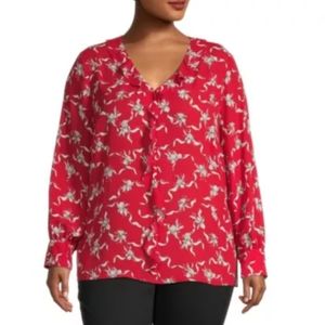 Liz Claiborne red floral ruffle vneck blouse size 2X